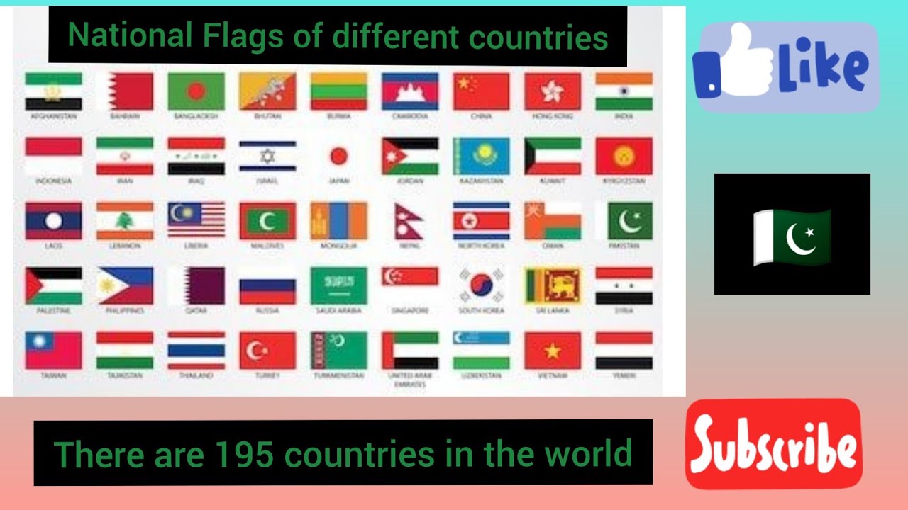 Names & National flags of different countries. There are 195 countries in the world today