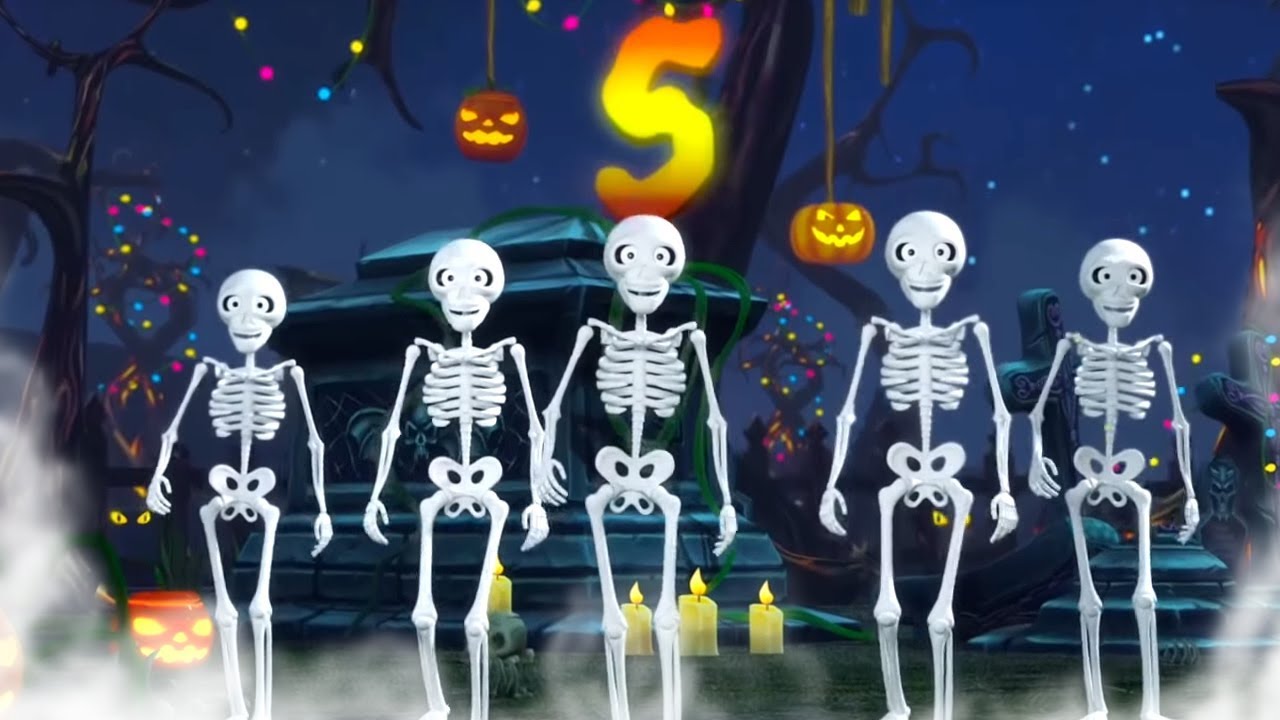 Fem uhyggelige skeletter | halloween sange | Five Creepy Skeletons in English | Halloween Rhymes