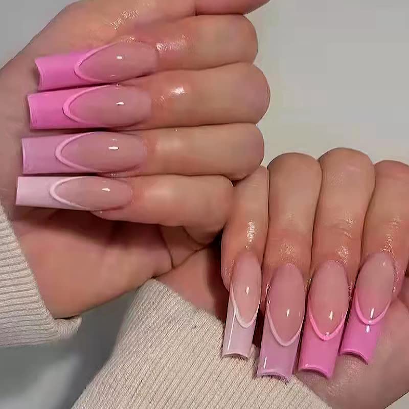 Amazon.Com: Qingge Pink French Tip Press On Nails Long Coffin Fake Nails  Glossy Line Design Stick On Nails With Glue Nude Hot Pink False Nails Tips  Exquisite Acrylic Nails Summer Static Nails