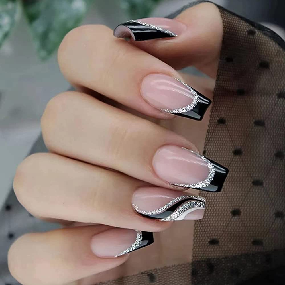Amazon.Com : Black French Tip Press On Nails Medium Length Square Fake Nails  With Silver Glitter Line Designs Glossy Coffin Nails Full Cover Nail Tips  Glue On Nails Artificial Acrylic False Nails