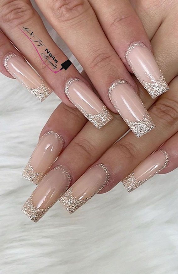 30 Glitter Nails To Bright Up The Season : Silver Glitter French Twist Mani  | Blush Pink Nails, Beige Nails, Silver Glitter Nails