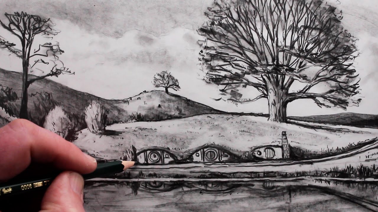 How to Draw a Landscape Pencil Sketch: The Shire Lord of The Rings - YouTube How To Draw A Landscape Pencil Sketch: The Shire Lord Of The Rings - Youtube